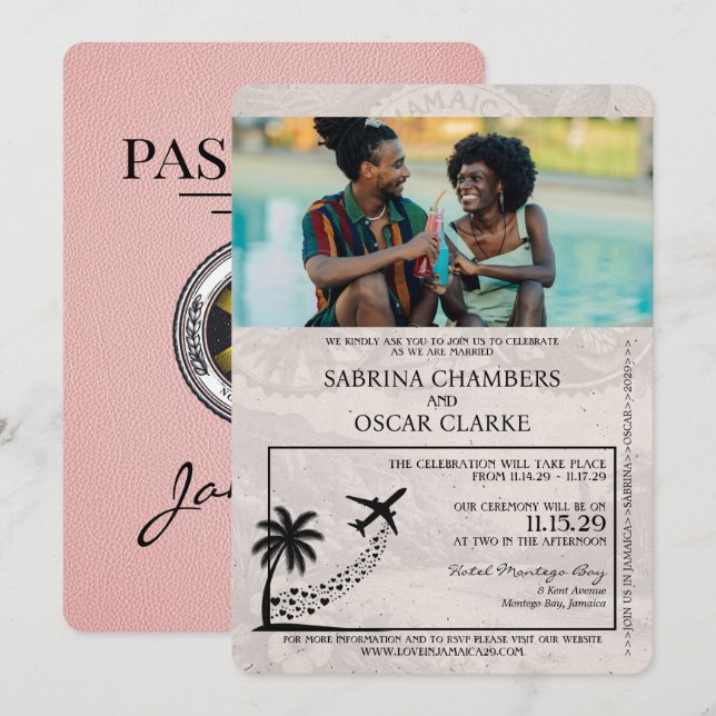 Rosa Jamaica-passbröllop Inbjudningar (Fram/baksida)