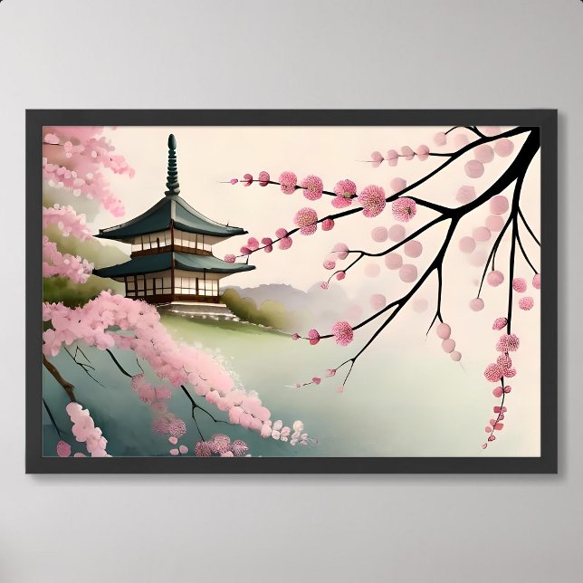 rosa japan pagoda byggnad foggy poster (sakura painting pink japan pagoda building foggy)