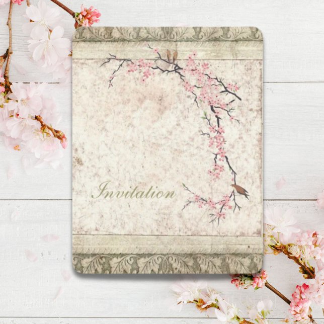 rosa japansk körsbärsblom vårbröllop inbjudningar (pink floral japanese cherry blossom spring wedding invitation)