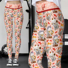 Rosa japansk Maneki Neko-katt och sushi Leggings