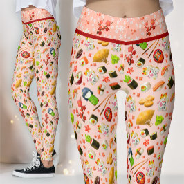 Rosa japansk Maneki Neko-katt och sushi Leggings