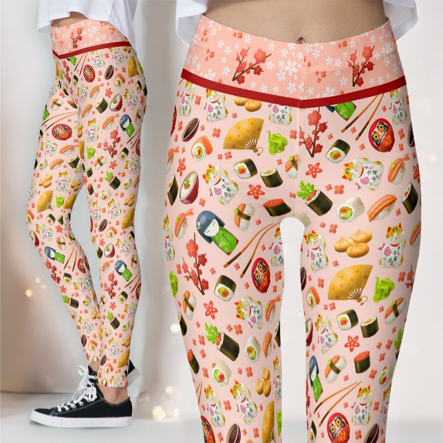 Rosa japansk Maneki Neko-katt och sushi Leggings (Skapare uppladdad)