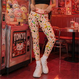 Rosa japansk Maneki Neko-katt och sushi Leggings