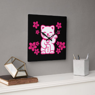 Rosa Japanska Maneki-neko Fyrkantig Klocka
