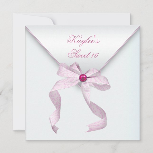 Rosa Jewel Bow Söt White Sweet sixteen Party Inbjudningar (Framsida)