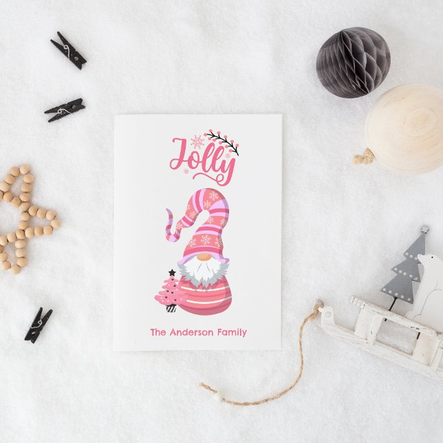 Rosa Jolly Gnome Helgdag Card - Anpassningsbar Fam Julkort (Skapare uppladdad)
