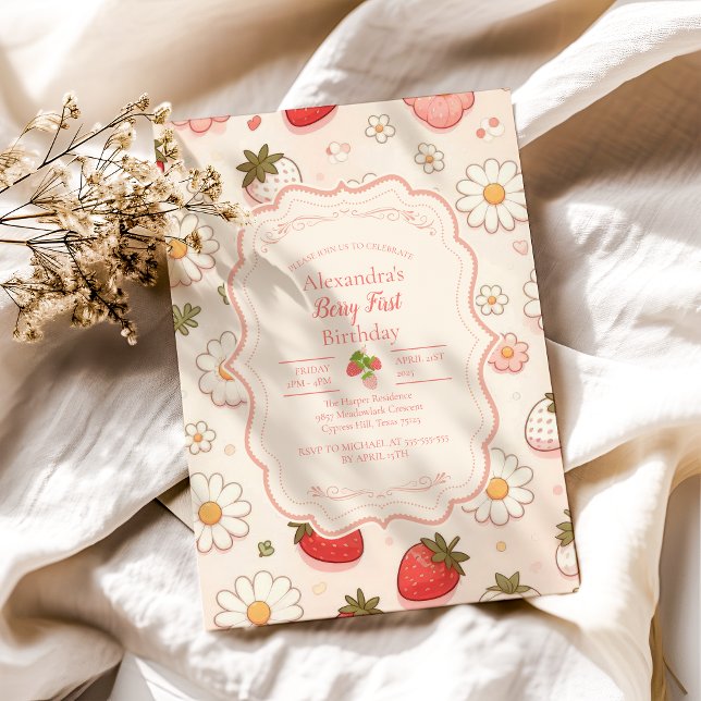 Rosa Jordberry Berry Första födelsedag Inbjudningar (Skapare uppladdad)