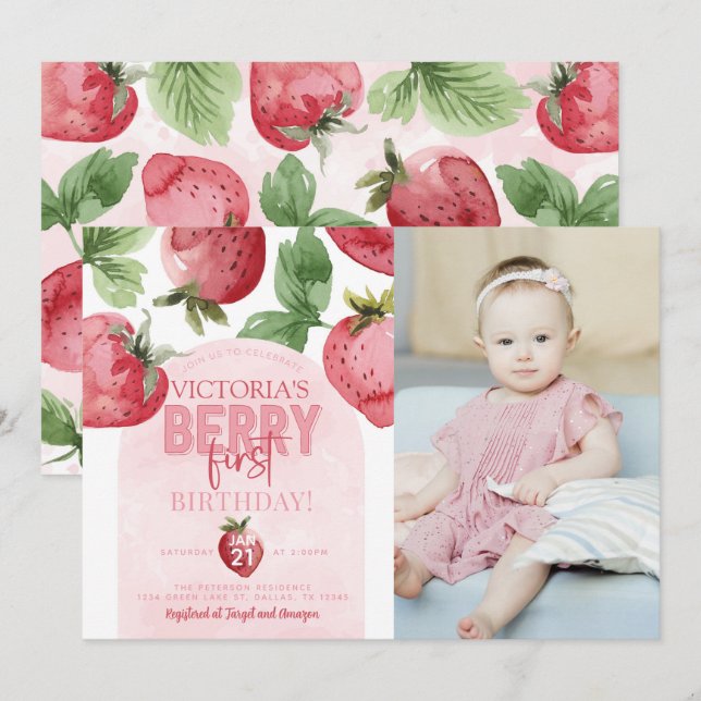 Rosa Jordberry Berry Första födelsedag Party Inbjudningar (Fram/baksida)