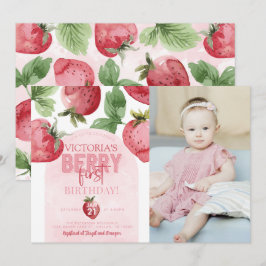 Rosa Jordberry Berry Första födelsedag Party Inbjudningar