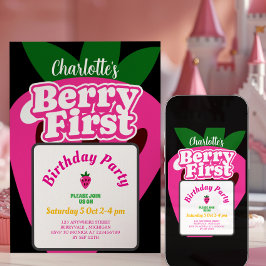 Rosa Jordgubb Berry Första Födelsedag 1:a Födelsed Inbjudningar