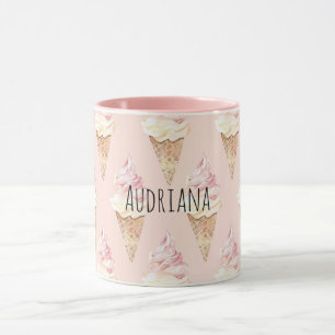 Rosa jordgubb-vaniljglass-strutar mugg