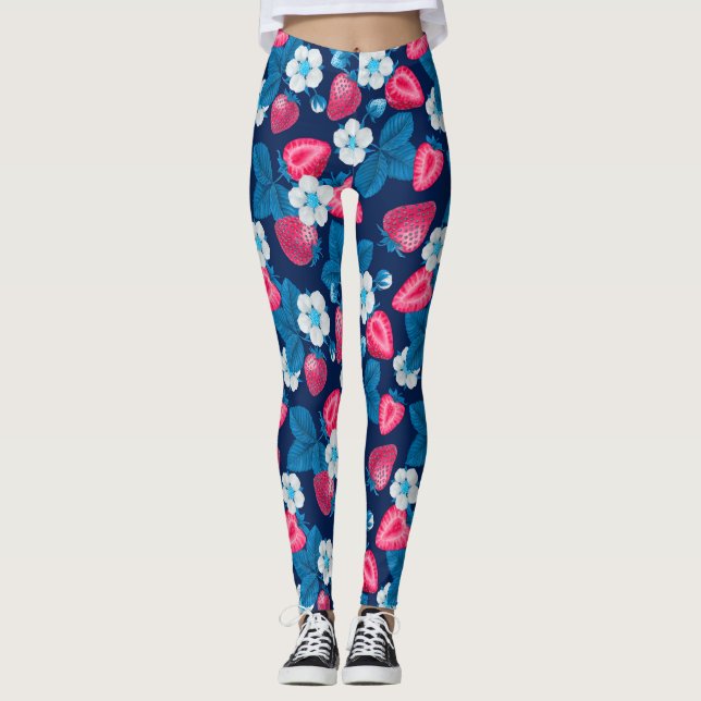 Rosa jordgubbar i blått leggings (Framsida)