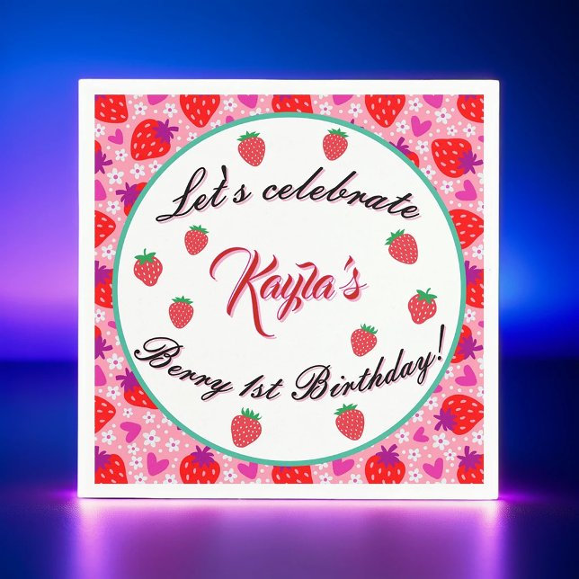 Rosa Jordgubbe Första Födelsedagsfesten Pappersservett (Skapare uppladdad)