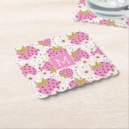 Rosa Jordgubbs Anpassningsbar Monogram Underlägg Papper
