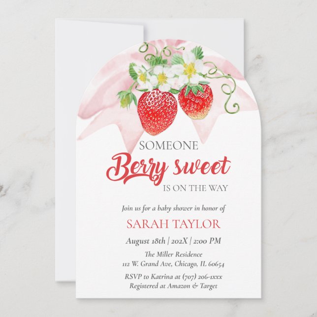 Rosa Jordgubbs Baby Shower Inbjudan Mall (Framsida)