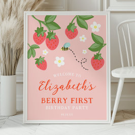 Rosa Jordgubbs Berry Första Födelsedags Välkommen Poster