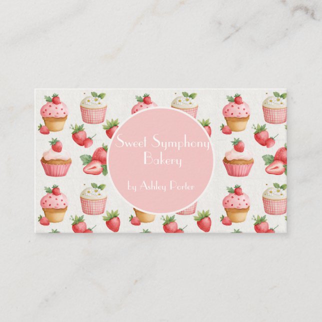 Rosa Jordgubbs Cupcake Watercolor Bageri Affär Visitkort (Framsida)