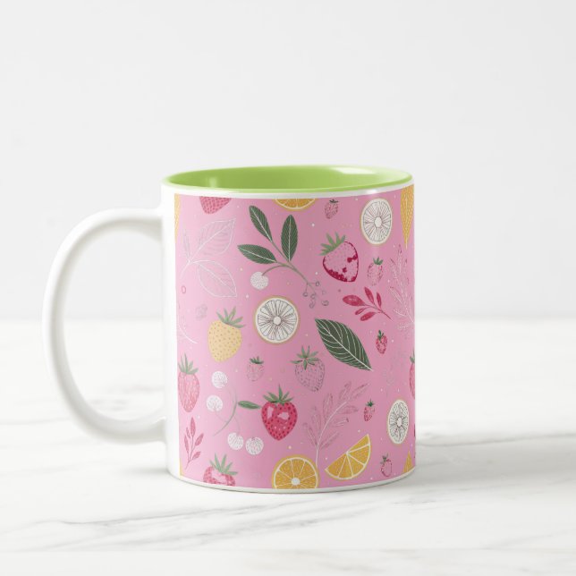 Rosa jordgubbs- och blomstermönstrad tvåtons-mugg Två-Tonad mugg (Vänster)