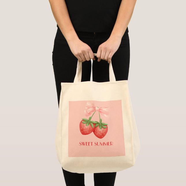 Rosa jordgubbs shoppingväska tygkasse (Framsida (produkt))