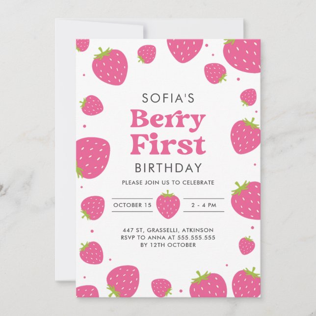 Rosa jordgubbsberry, första sommaren inbjudningar (Framsida)