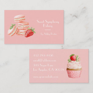 Rosa jordgubbscupcake vattenfärg bageri företag visitkort
