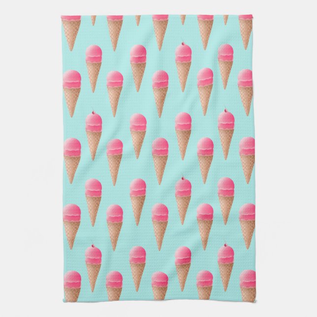 Rosa jordgubbsice Cream Cone Mönster, Blue Kökshandduk (Vertikal)