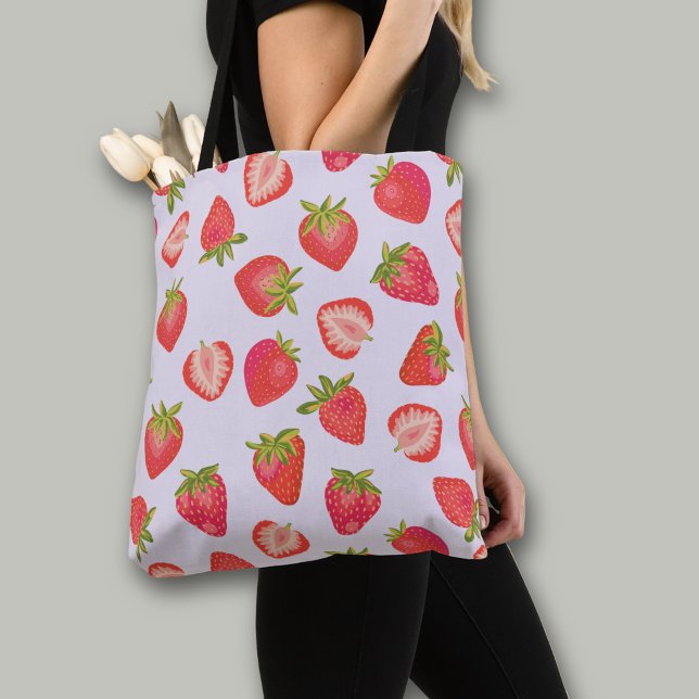 Rosa jordgubbsmönster tygkasse (Strawberry all over print tote bag)