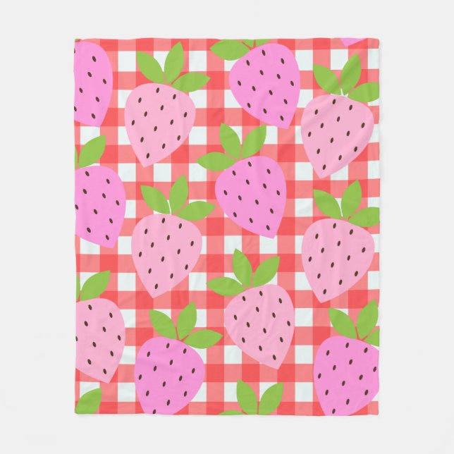 Rosa jordgubbsröd gingham söta flickors rum fleecefilt (Framsidan)
