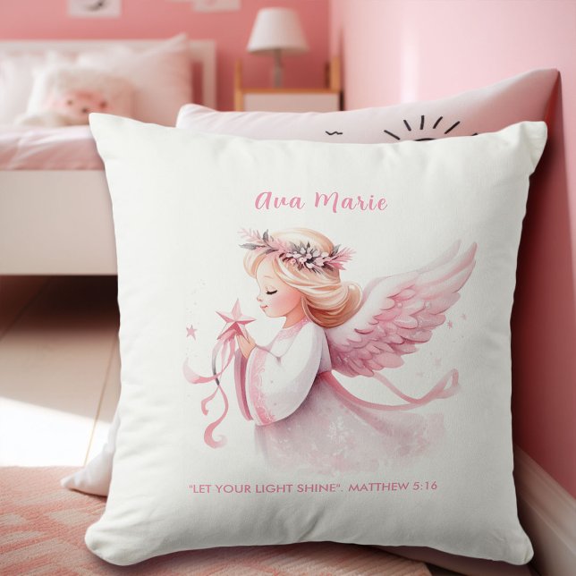 Rosa jul Angel Bible Verse Namn Nursery Gift Kudde (pink christmas angel throw pillow personalized name bible verse baby shower gift granddaughter)