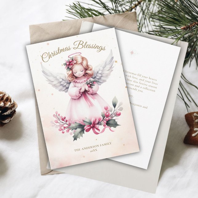 Rosa jul Angel Sweet Child Blessings Family Julkort (christmas blessings personalized family card child angel watercolor pink white gold)