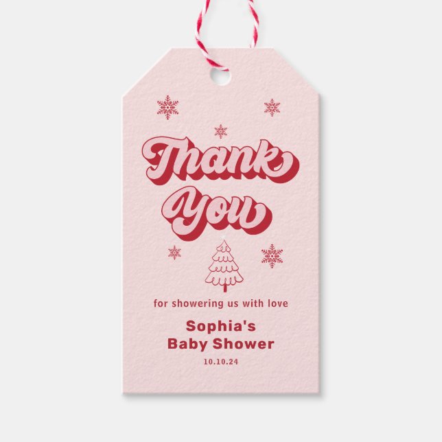 Rosa jul baby shower tack presentfavor presentetikett (Framsidan)