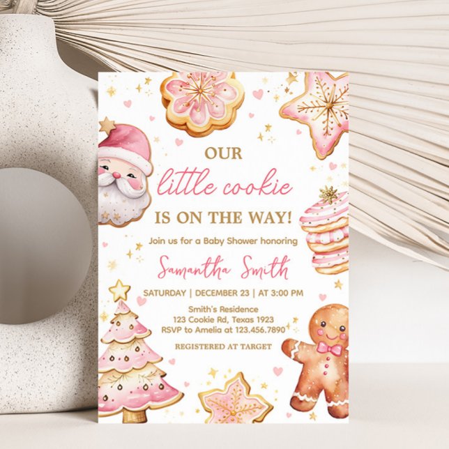 Rosa jul - babyskor för nybörjare inbjudningar (A Little Cookie Baby Shower Invitation)