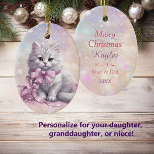 Rosa jul Bow White Kitten Kids Julgransprydnad Keramik