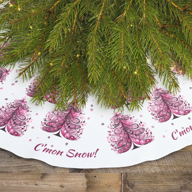 Rosa jul C'mon Snö Whimsical Träd Julgransmatta Borstad Polyester (Pink Christmas C'mon Snow Whimsical Tree Personalized Brushed Polyester Tree Skirt)