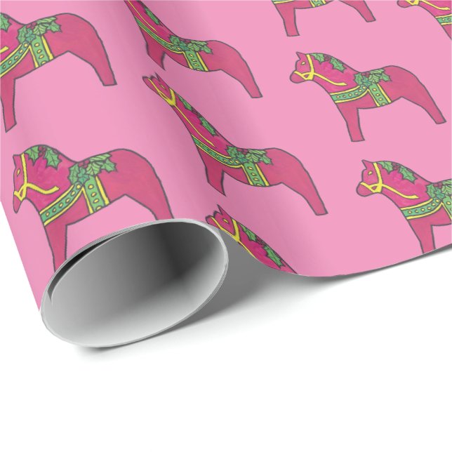 Rosa Jul Dala Horse Wrapping Papper Presentpapper (Rullad Hörn)