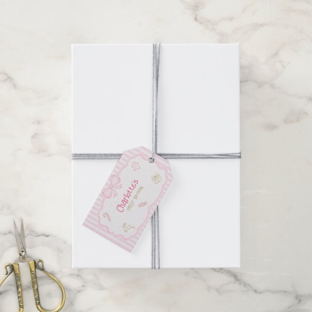 Rosa jul Första födelsedagspresentkort Presentetikett (Med Snöre)
