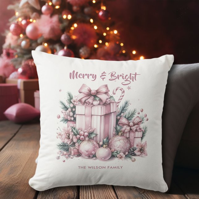 Rosa jul Glam Merry Décor Personlig Kudde (pink christmas ideas glam personalized throw pillow decor watercolor presents baubles decorations)