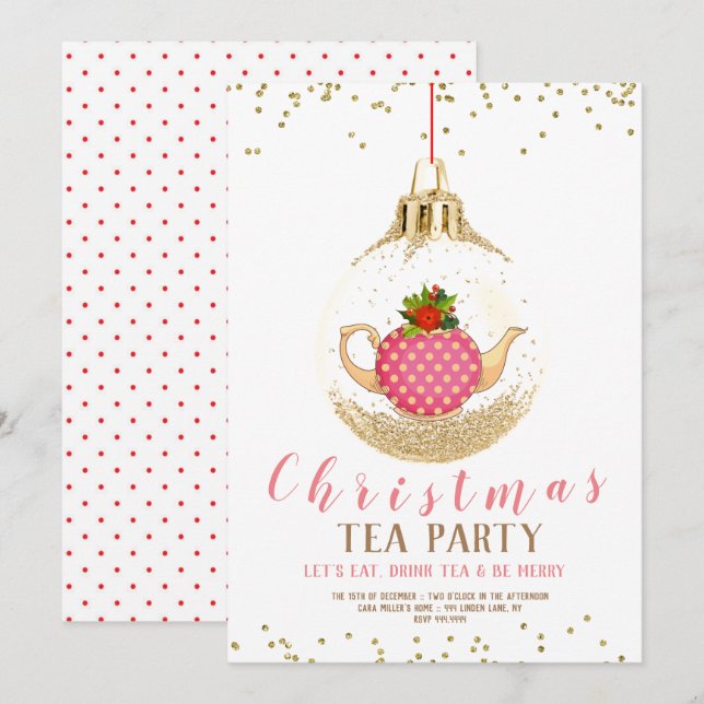 Rosa jul Helgdag Tea Party Inbjudningar (Fram/baksida)