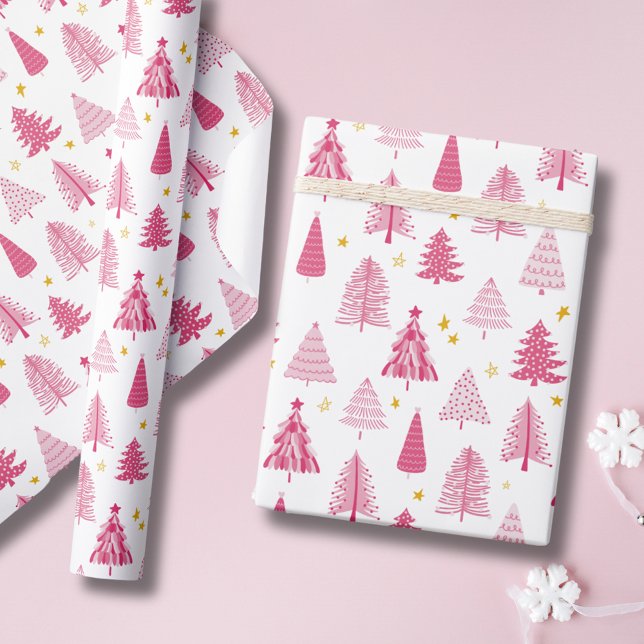 Rosa jul Helgdag träd Presentpapper (Pink Christmas Tree modern Holiday Wrapping Paper.  From original artists illustrations. )