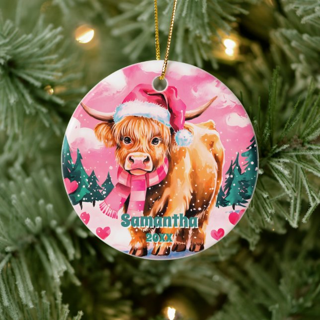 Rosa Jul Highland Cow Kids Photo Ornament (Träd)