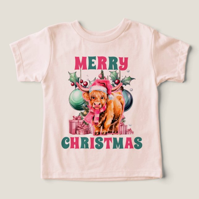 Rosa Jul Highland Cow Småbarn T-shirt (Design Framsida)
