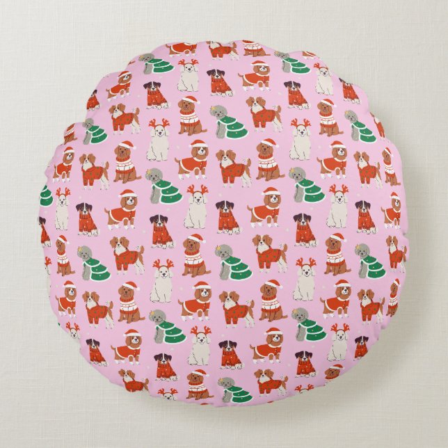 Rosa jul Hundar Round Thrid Rund Kudde (Framsidan)