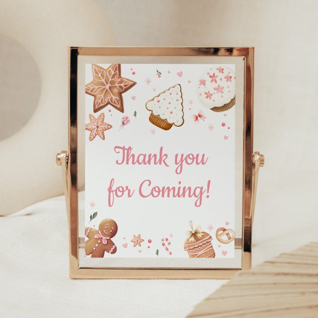Rosa jul, lilla cookie Tack för att du kom Poster (Christmas Little Cookie Gingerbread Baby Shower Thank you for Coming Sign)