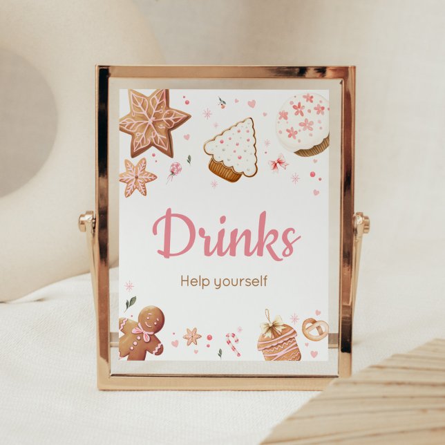 Rosa Jul Little Cookie Baby Shower Drinks Poster (Christmas Little Cookie Gingerbread Baby Shower Drinks Sign)