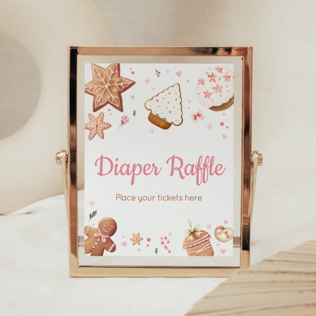 Rosa jul Little Cookie Diaper Raffle Poster (Christmas Little Cookie Gingerbread Baby Shower Diaper Raffle Sign)