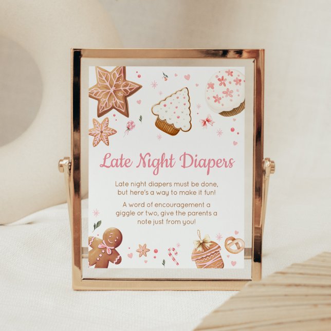 Rosa jul Little Cookie Late Night Diables Poster (Christmas Little Cookie Gingerbread Baby Shower Late Night Diapers Sign)