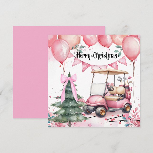 Rosa jul med golfkärra för golfare    julkort (Fram/baksida)