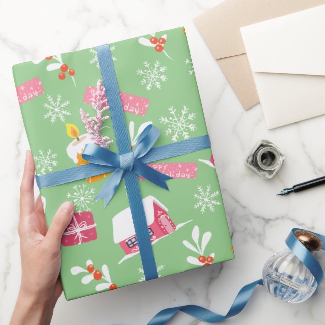 Rosa Jul Mönster med Grönt i bakgrunden Presentpapper (Gifting)