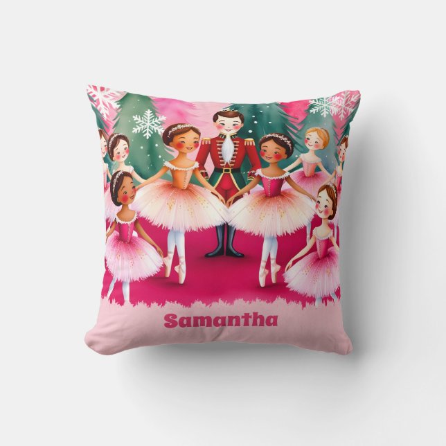 Rosa jul Nutcracker Ballerina Kids Namn Kudde (Framsida)