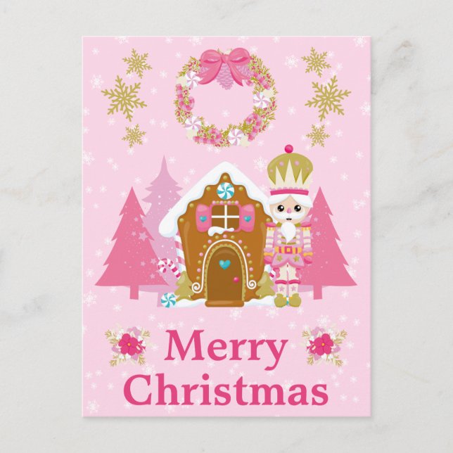Rosa Jul Nutcracker och Gingerbröd House Helg Vykort (Framsida)